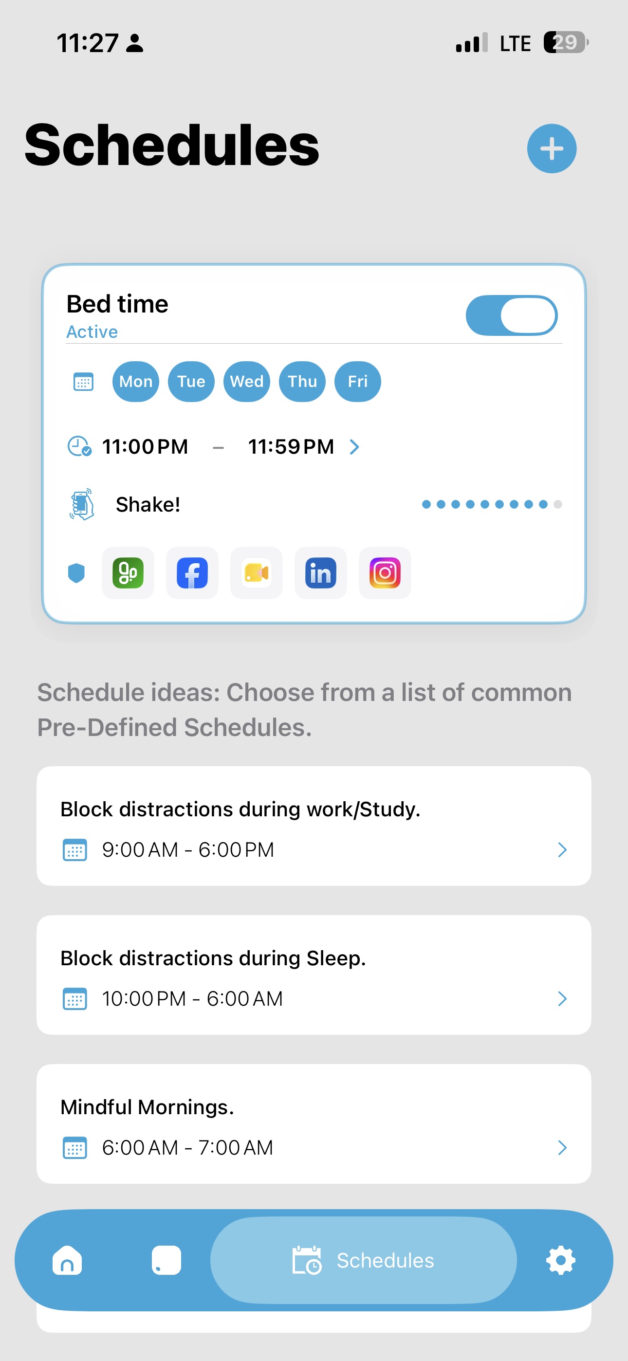 Social Detox schedule card with selected apps and a Shake barrier