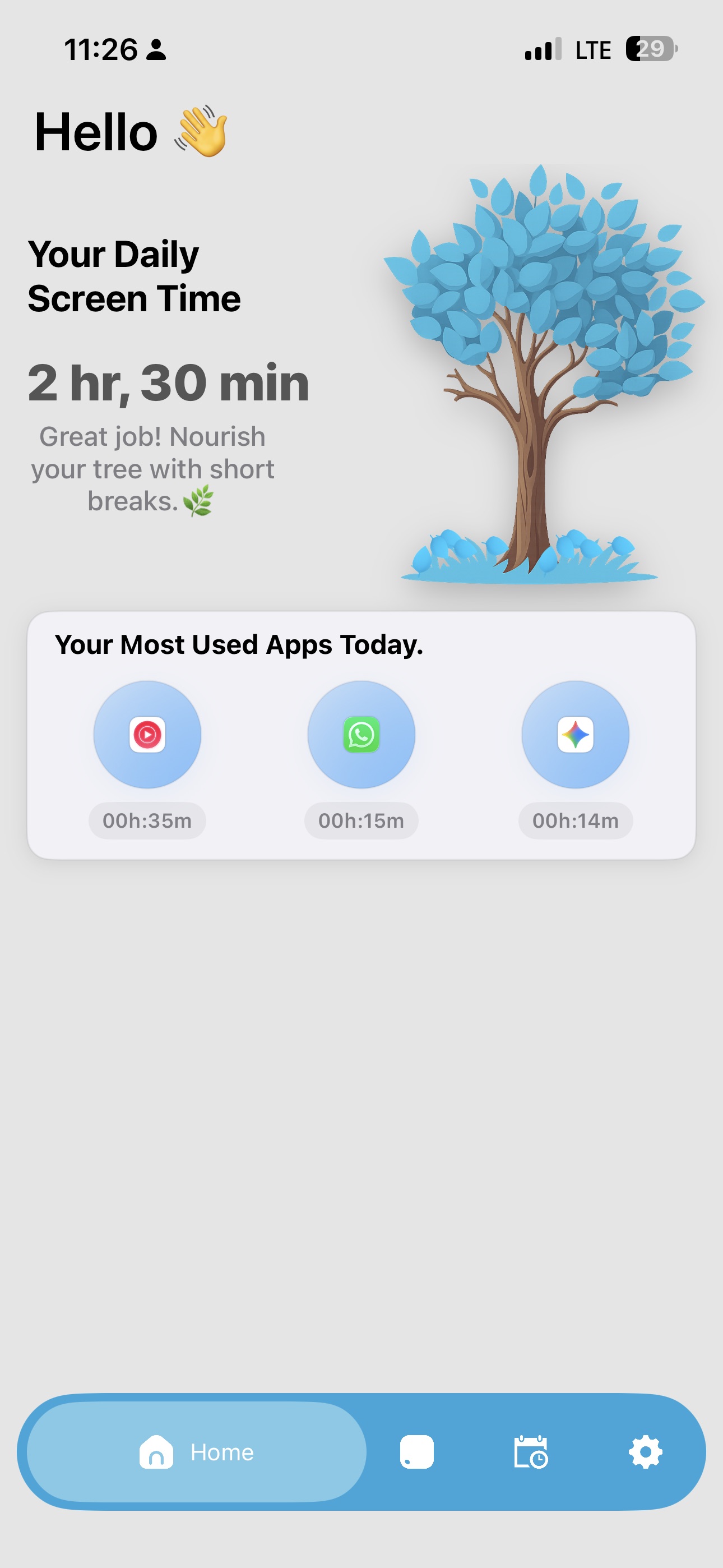 Social Detox home dashboard showing daily screen time and a growing tree
